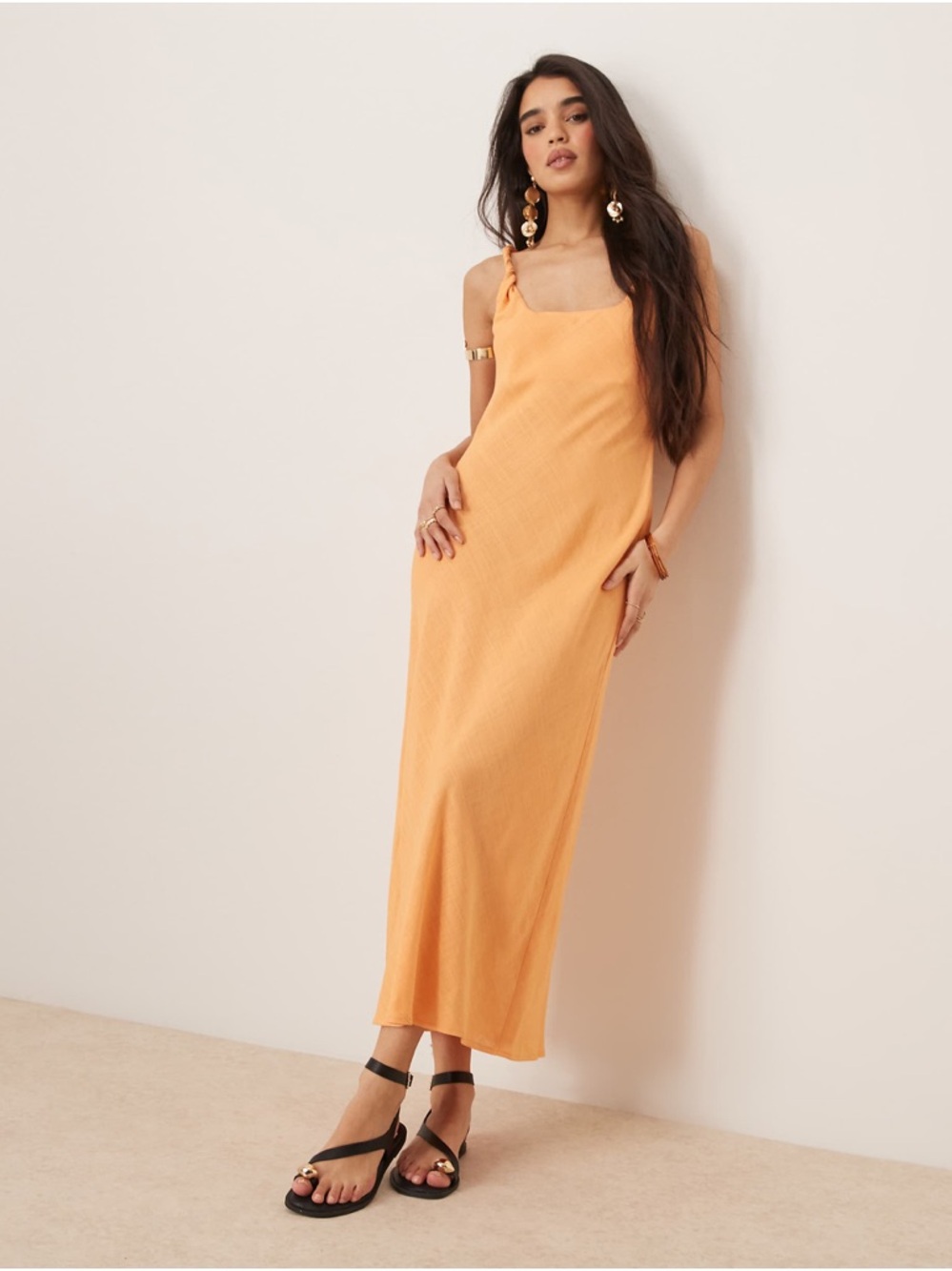 ASOS Design Linen Look Twist Strap Bias Strap Maxi Dress Orange Color Papaya 14